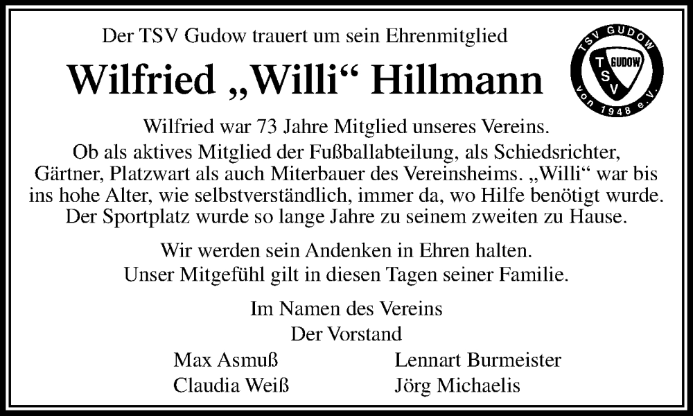  Traueranzeige für Wilfried Hillmann vom 11.10.2025 aus MARKT Ratzeburg/Mölln
