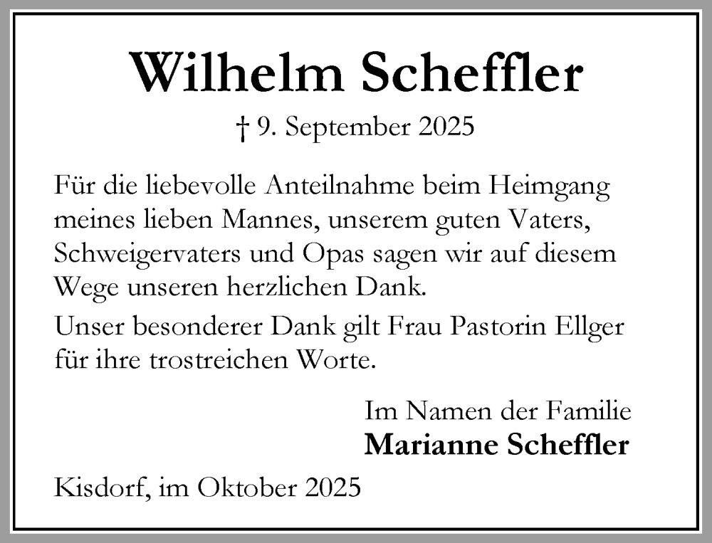  Traueranzeige für Wilhelm Scheffler vom 11.10.2025 aus Umschau
