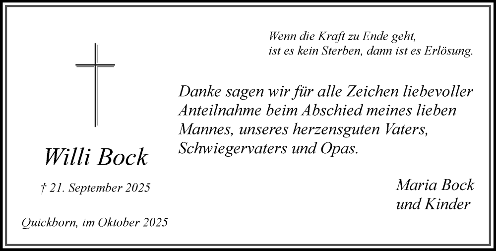  Traueranzeige für Willi Bock vom 11.10.2025 aus Umschau
