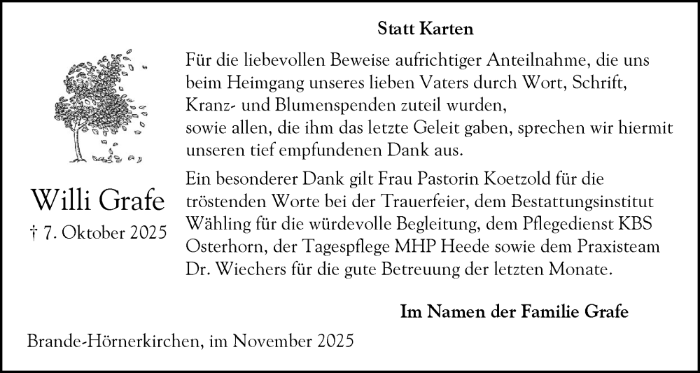  Traueranzeige für Willi Grafe vom 01.11.2025 aus Elmshorner Nachrichten, Barmstedter Zeitung
