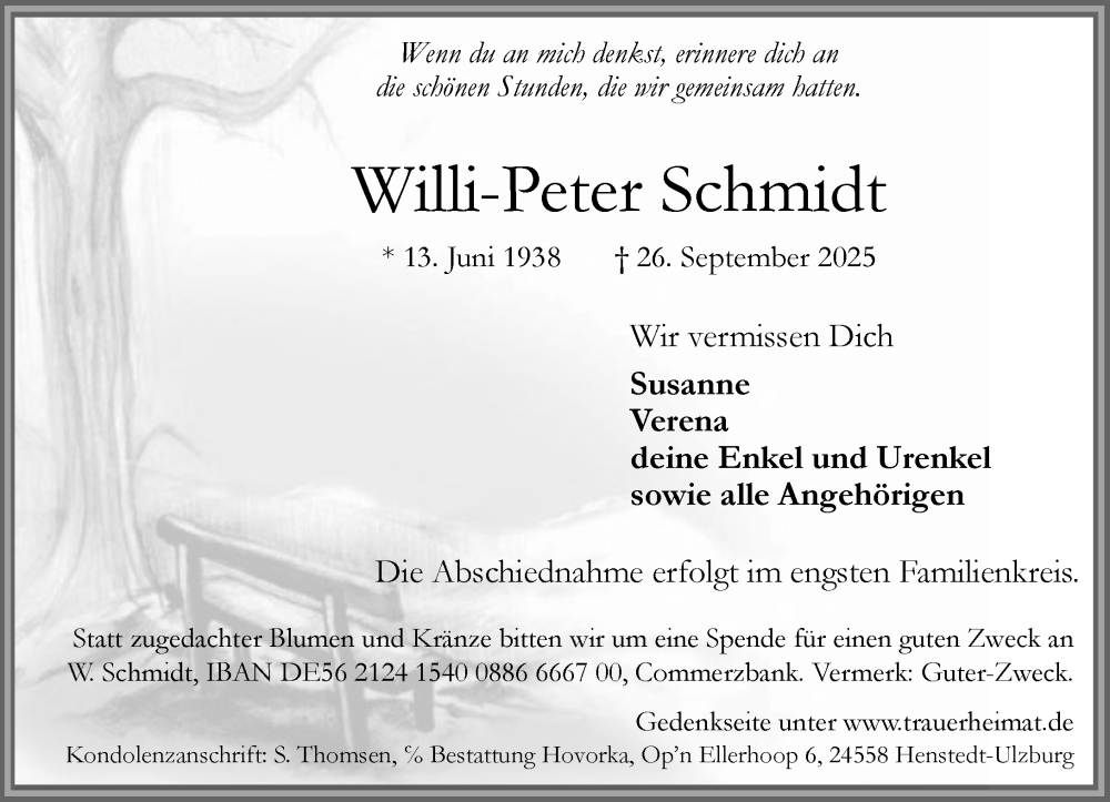  Traueranzeige für Willi-Peter Schmidt vom 11.10.2025 aus Umschau