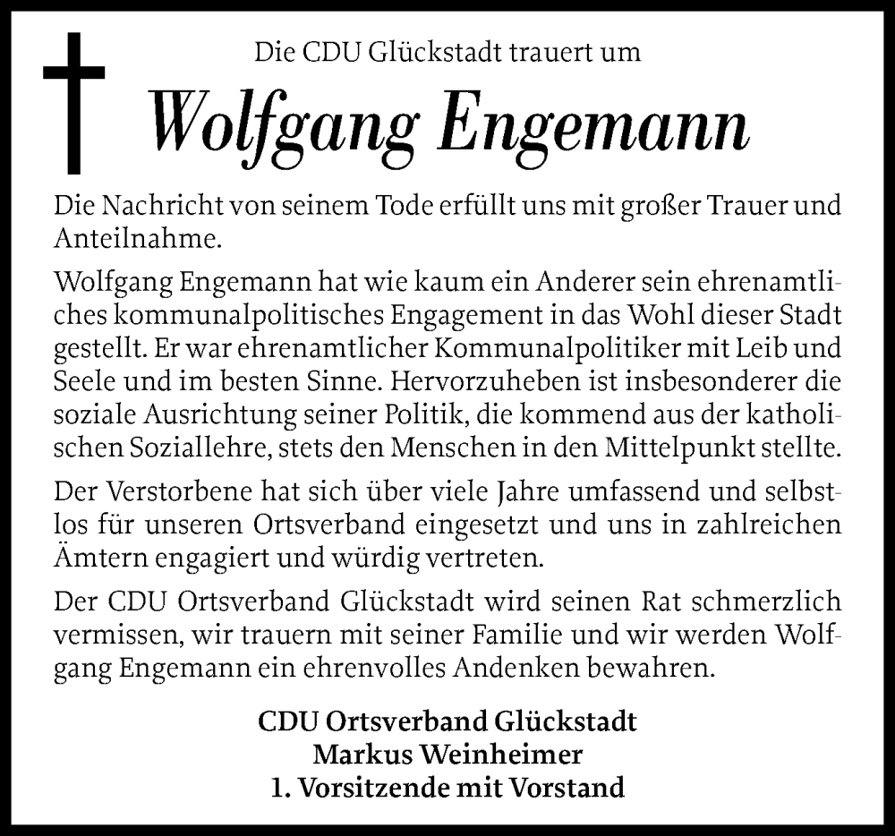  Traueranzeige für Wolfgang Engemann vom 10.10.2025 aus Norddeutsche Rundschau, Wilstersche Zeitung, Glückstädter Fortuna