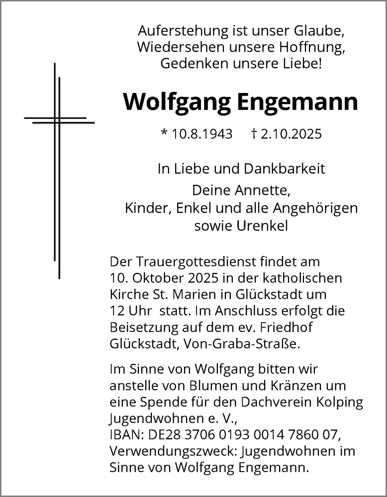  Traueranzeige für Wolfgang Engemann vom 08.10.2025 aus Norddeutsche Rundschau, Wilstersche Zeitung, Glückstädter Fortuna