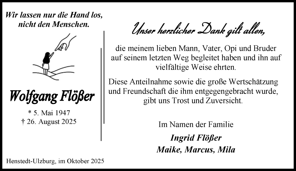  Traueranzeige für Wolfgang Flößer vom 04.10.2025 aus Umschau