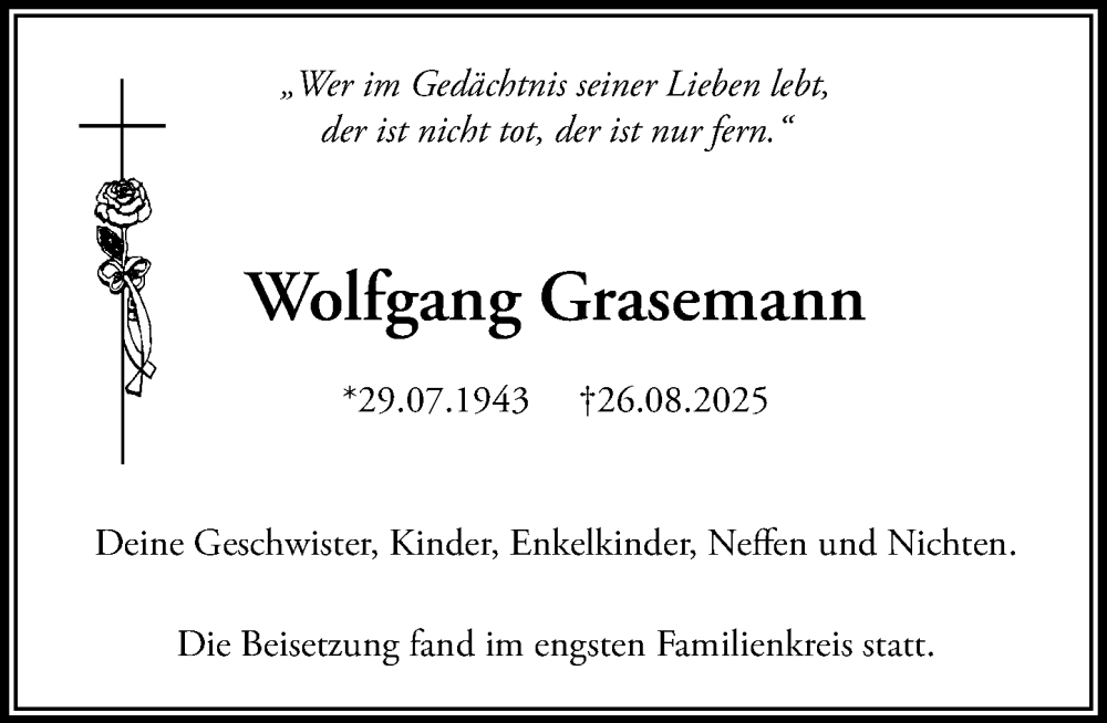  Traueranzeige für Wolfgang Grasemann vom 18.10.2025 aus Heimatspiegel
