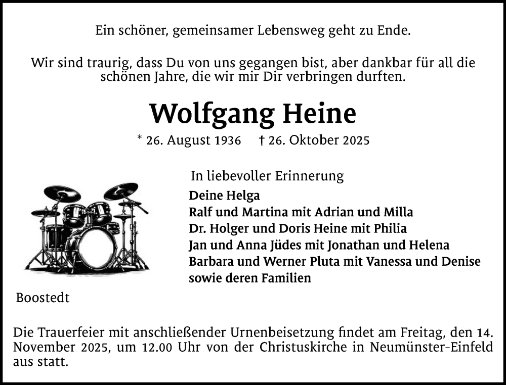  Traueranzeige für Wolfgang Heine vom 01.11.2025 aus Holsteinischer Courier
