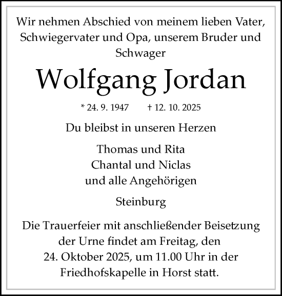 Traueranzeige von Wolfgang Jordan von Norddeutsche Rundschau, Wilstersche Zeitung, Glückstädter Fortuna