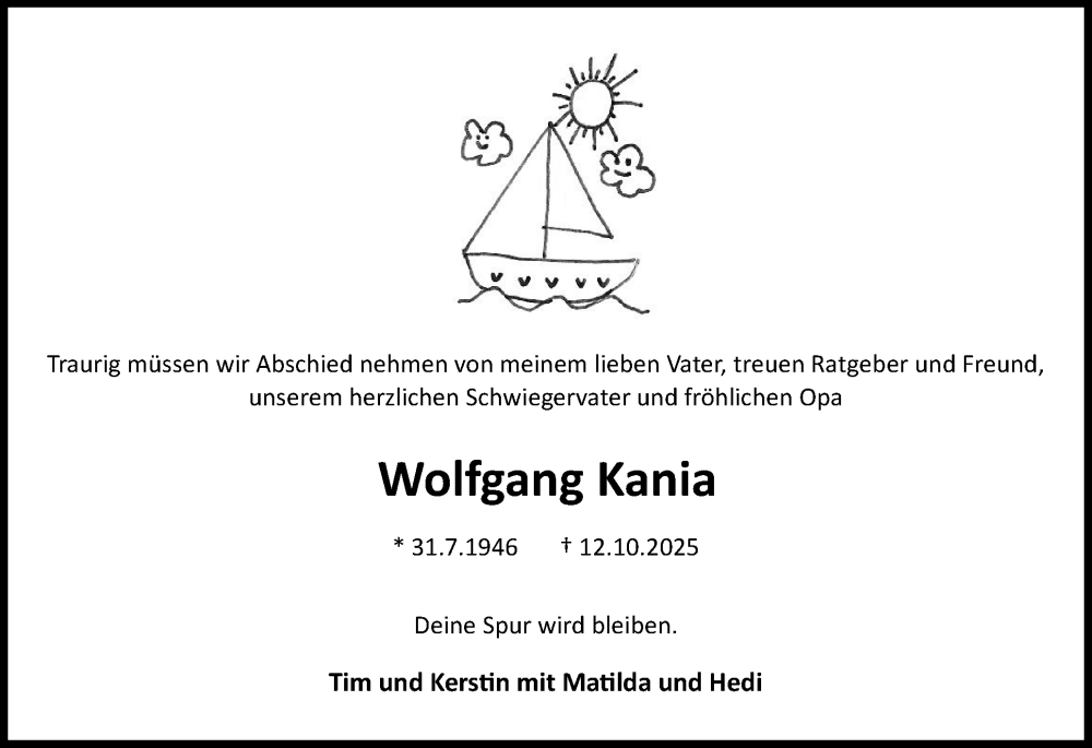  Traueranzeige für Wolfgang Kania vom 18.10.2025 aus Flensburger Tageblatt
