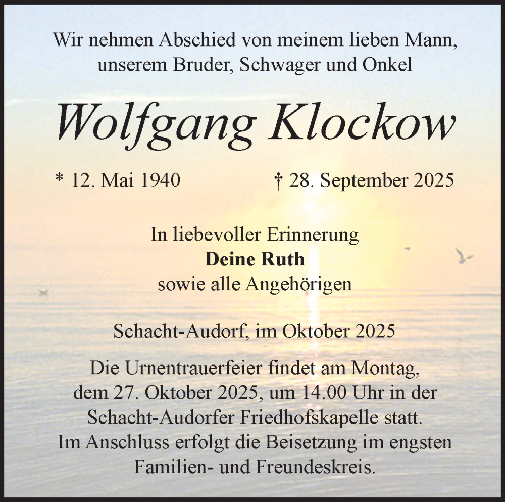  Traueranzeige für Wolfgang Klockow vom 18.10.2025 aus Schleswig-Holsteinische Landeszeitung