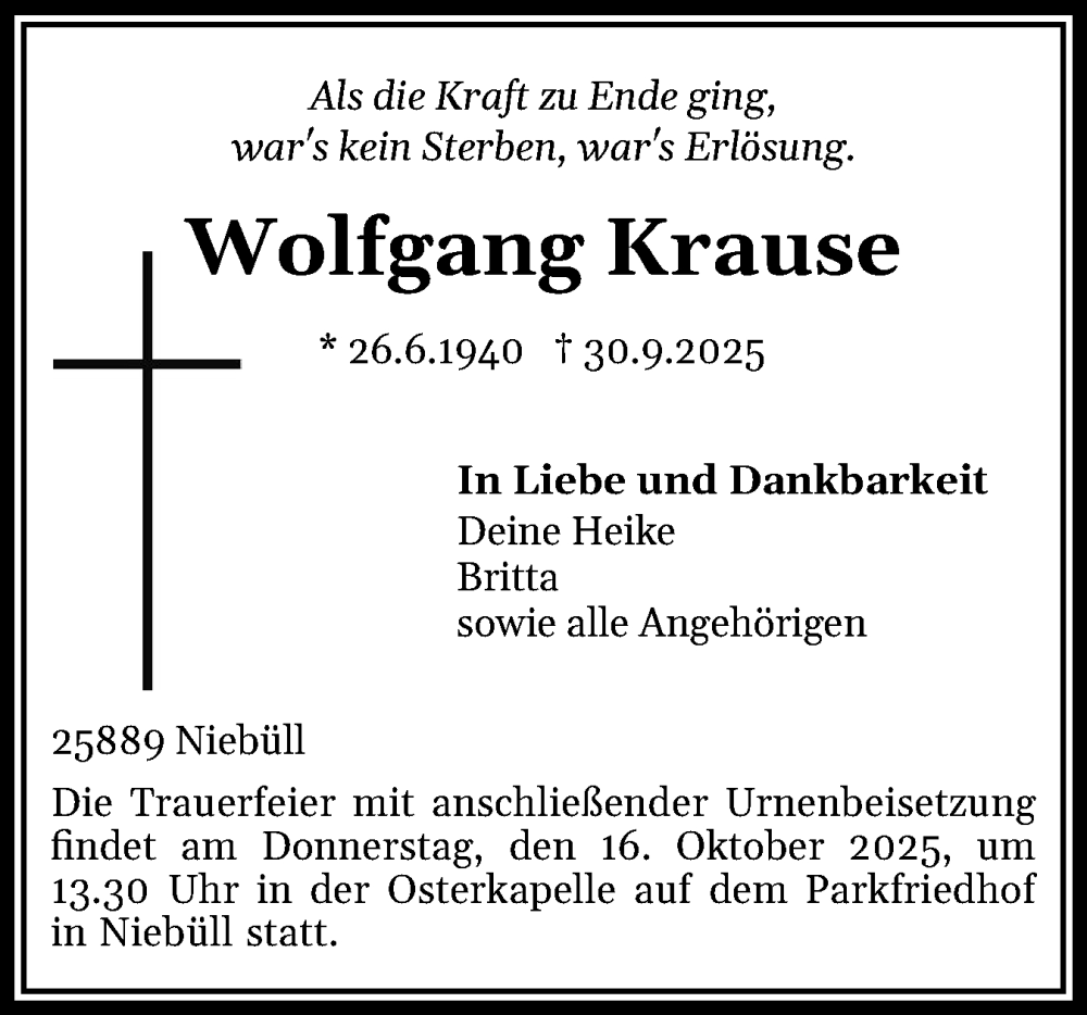  Traueranzeige für Wolfgang Krause vom 08.10.2025 aus Husumer Nachrichten, Nordfriesland Tageblatt