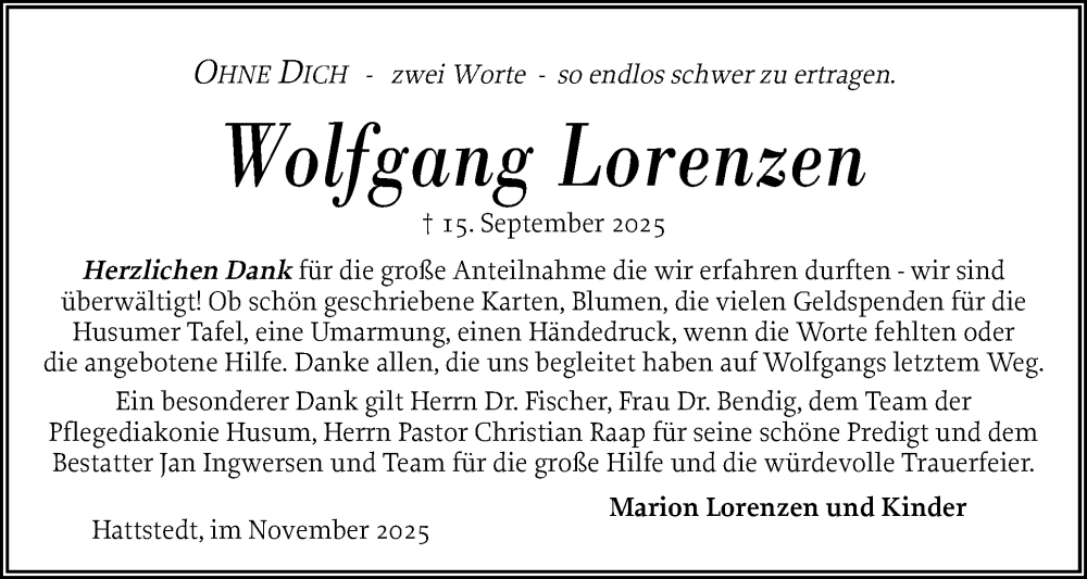  Traueranzeige für Wolfgang Lorenzen vom 01.11.2025 aus Husumer Nachrichten, Nordfriesland Tageblatt