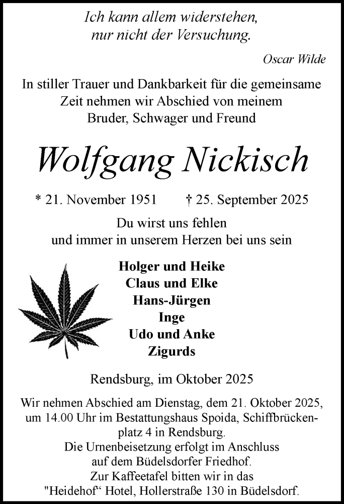  Traueranzeige für Wolfgang Nickisch vom 18.10.2025 aus Schleswig-Holsteinische Landeszeitung