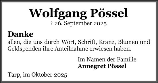 Traueranzeige von Wolfgang Pössel von Flensburger Tageblatt