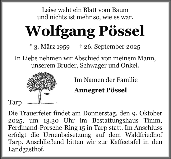 Traueranzeige von Wolfgang Pössel von Flensburger Tageblatt