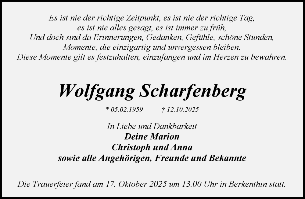  Traueranzeige für Wolfgang Scharfenberg vom 18.10.2025 aus MARKT Ratzeburg/Mölln