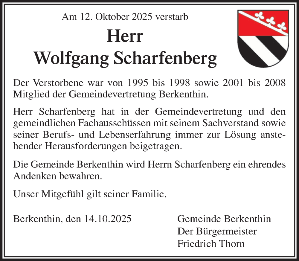  Traueranzeige für Wolfgang Scharfenberg vom 18.10.2025 aus MARKT Ratzeburg/Mölln