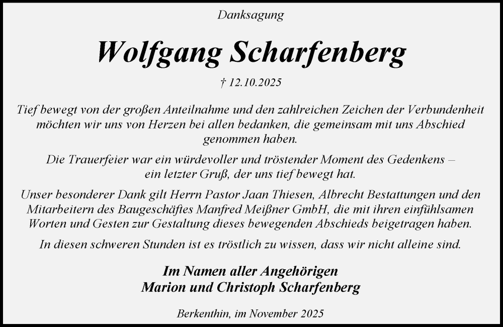  Traueranzeige für Wolfgang Scharfenberg vom 01.11.2025 aus MARKT Ratzeburg/Mölln