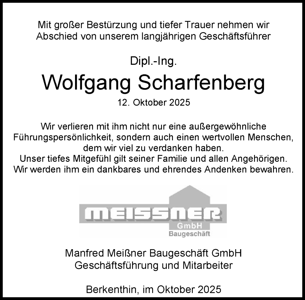  Traueranzeige für Wolfgang Scharfenberg vom 18.10.2025 aus MARKT Ratzeburg/Mölln