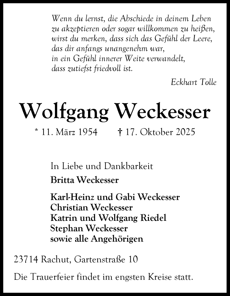  Traueranzeige für Wolfgang Weckesser vom 25.10.2025 aus Ostholsteiner Anzeiger