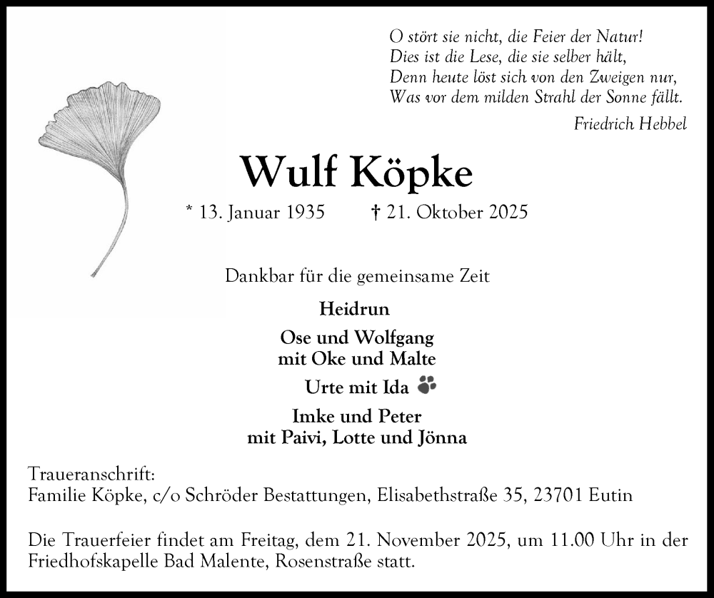  Traueranzeige für Wulf Köpke vom 30.10.2025 aus Ostholsteiner Anzeiger