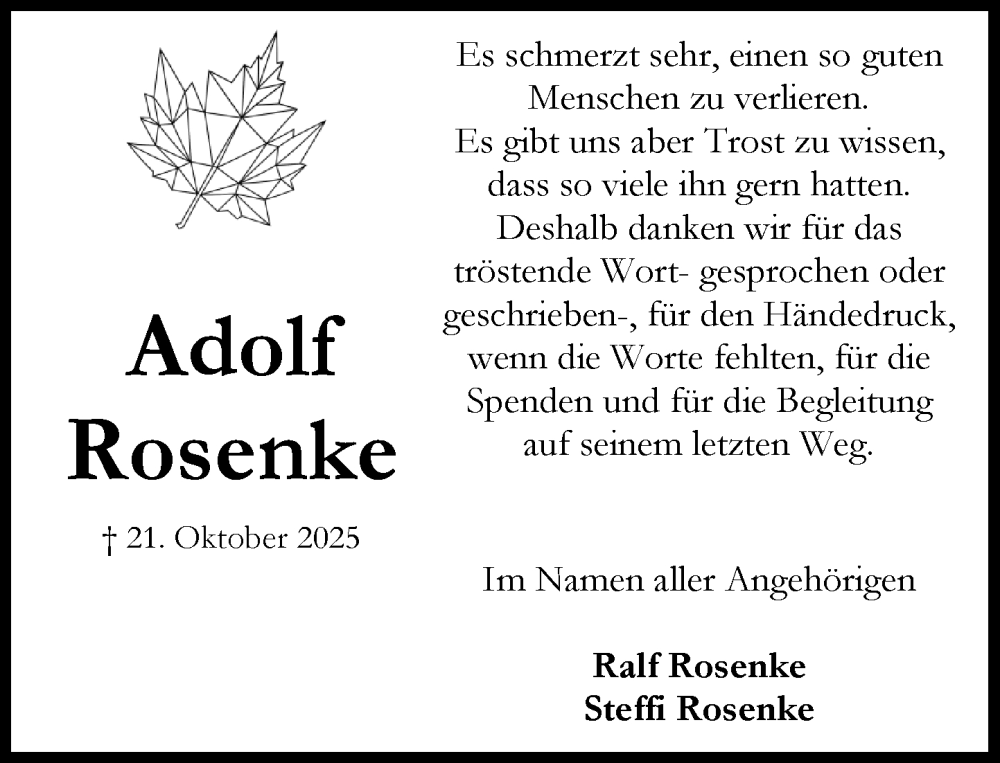  Traueranzeige für Adolf Rosenke vom 15.11.2025 aus MARKT Bad Oldesloe/Reinfeld und Stormarner Tageblatt