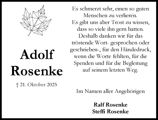Traueranzeige von Adolf Rosenke von MARKT Bad Oldesloe/Reinfeld und Stormarner Tageblatt