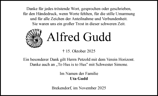 Traueranzeige von Alfred Gudd von Schleswig-Holsteinische Landeszeitung
