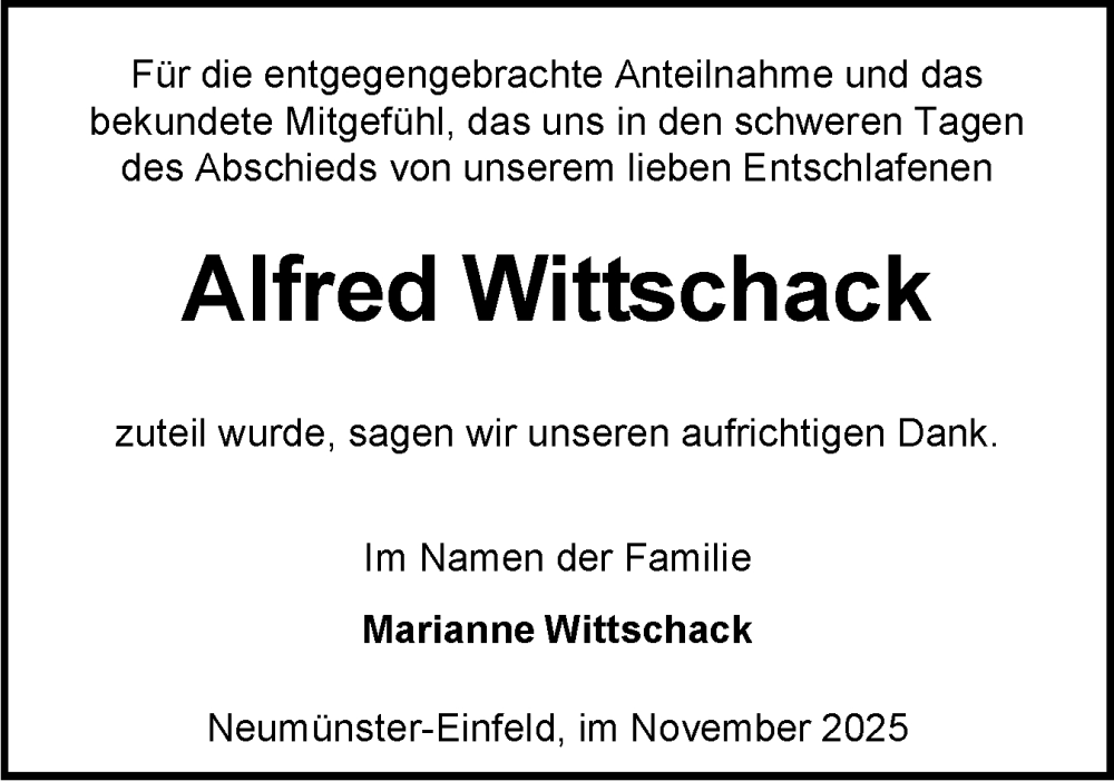  Traueranzeige für Alfred Wittschack vom 22.11.2025 aus Holsteinischer Courier