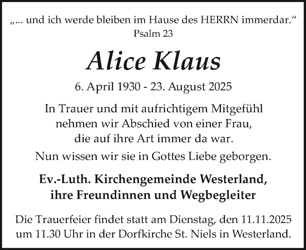  Traueranzeige für Alice Klaus vom 08.11.2025 aus Sylter Rundschau