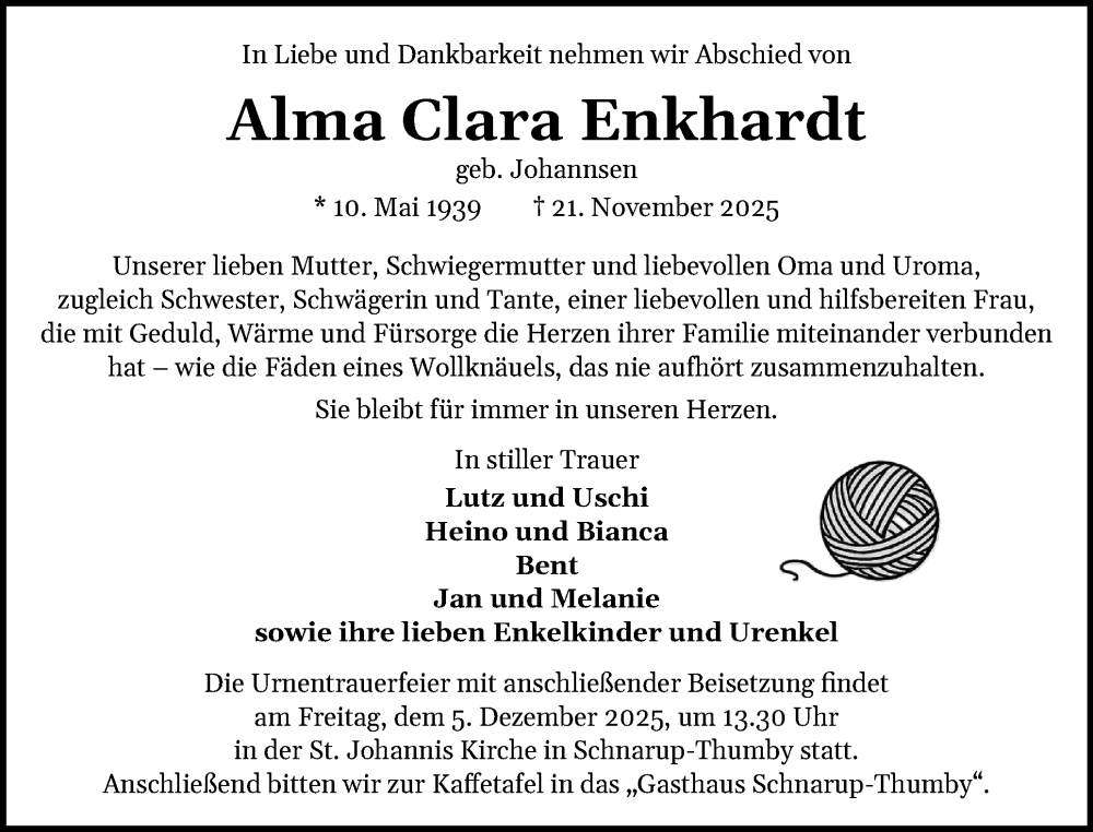  Traueranzeige für Alma Clara Enkhardt vom 29.11.2025 aus Schleswiger Nachrichten, Schlei-Bote