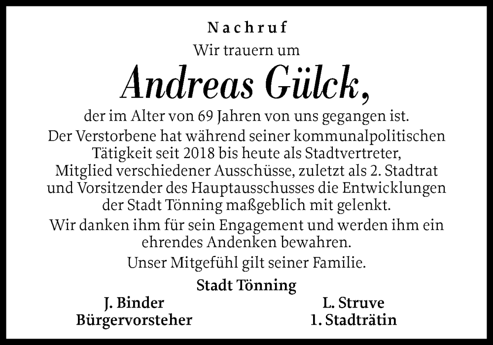  Traueranzeige für Andreas Gülck vom 17.11.2025 aus Husumer Nachrichten, Nordfriesland Tageblatt