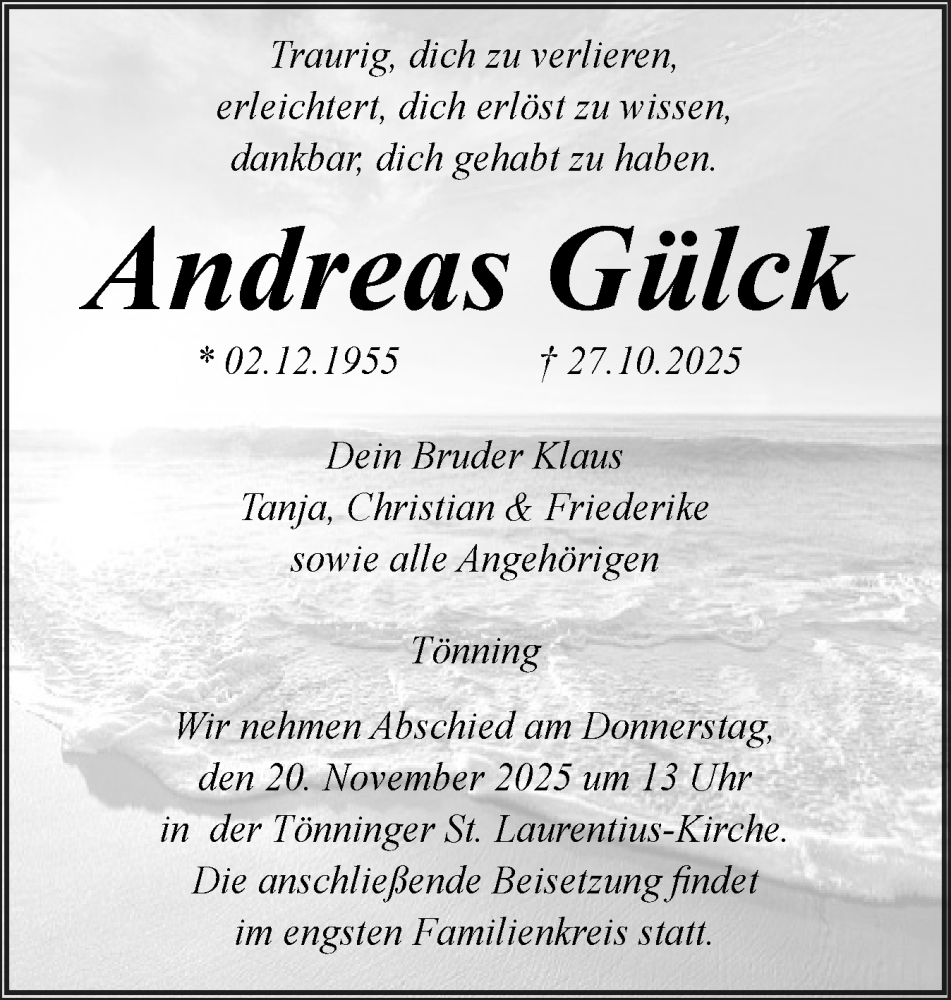  Traueranzeige für Andreas Gülck vom 15.11.2025 aus Husumer Nachrichten, Nordfriesland Tageblatt