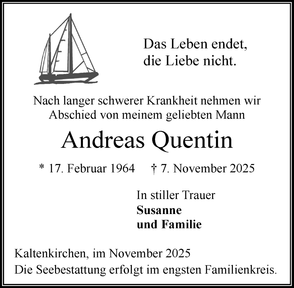  Traueranzeige für Andreas Quentin vom 15.11.2025 aus Umschau