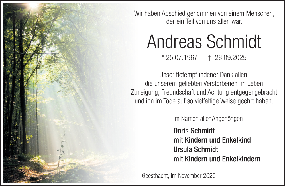  Traueranzeige für Andreas Schmidt vom 15.11.2025 aus Wochenend Anzeiger