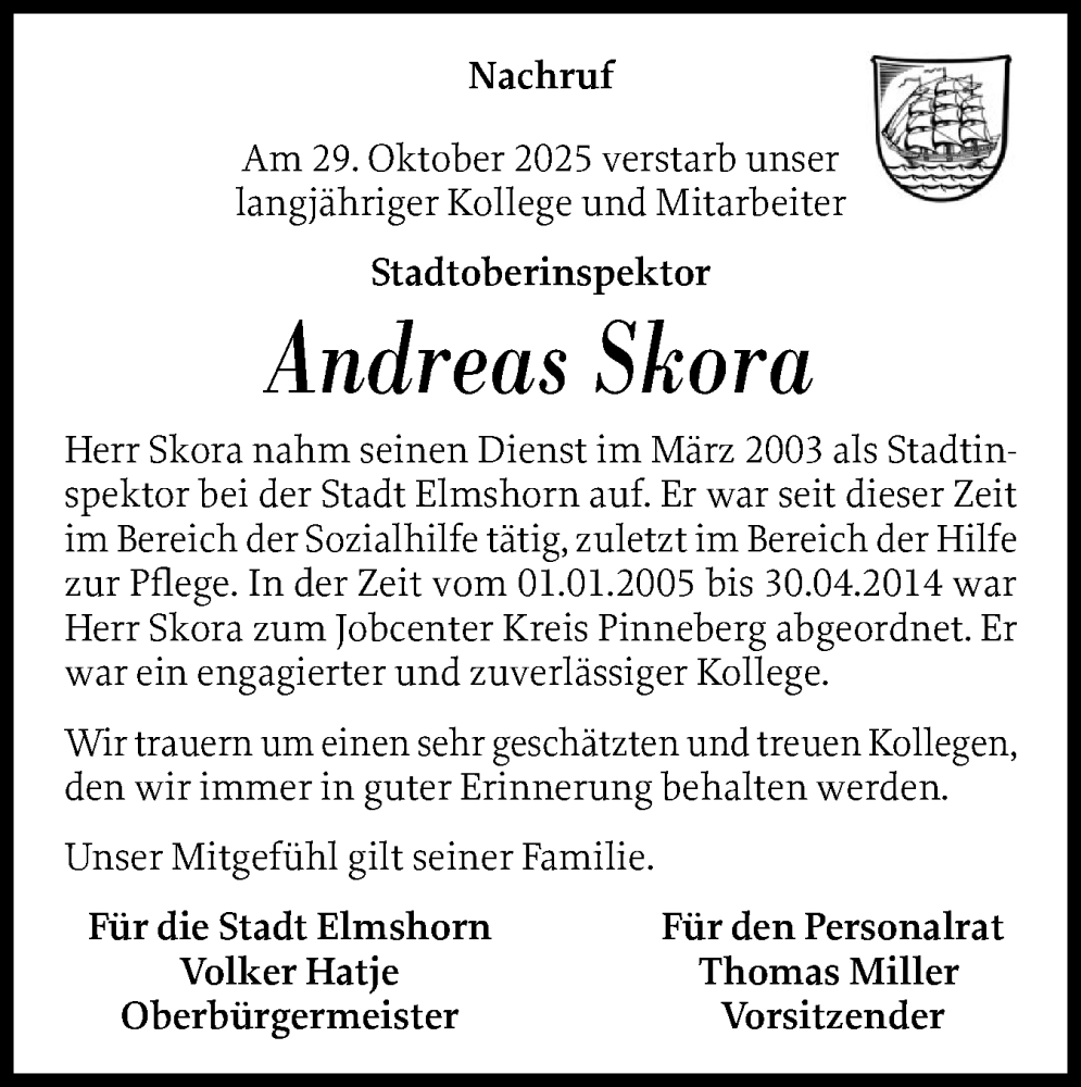  Traueranzeige für Andreas Skora vom 15.11.2025 aus Elmshorner Nachrichten, Barmstedter Zeitung