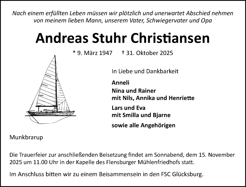  Traueranzeige für Andreas Stuhr Christiansen vom 08.11.2025 aus Flensburger Tageblatt