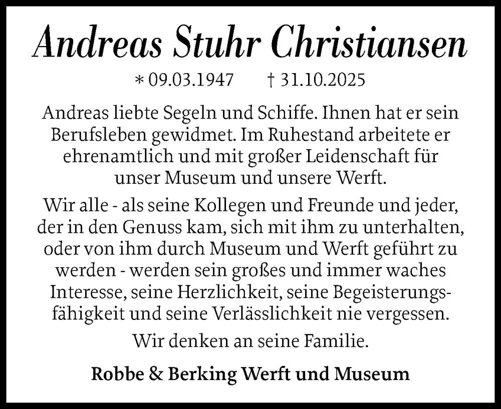  Traueranzeige für Andreas Stuhr Christiansen vom 08.11.2025 aus Flensburger Tageblatt