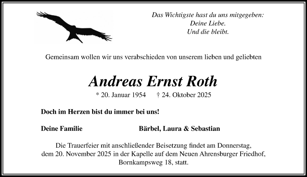  Traueranzeige für Andreas Ernst Roth vom 08.11.2025 aus MARKT Ahrensburg/Bargteheide/Trittau und Stormarner Tageblatt