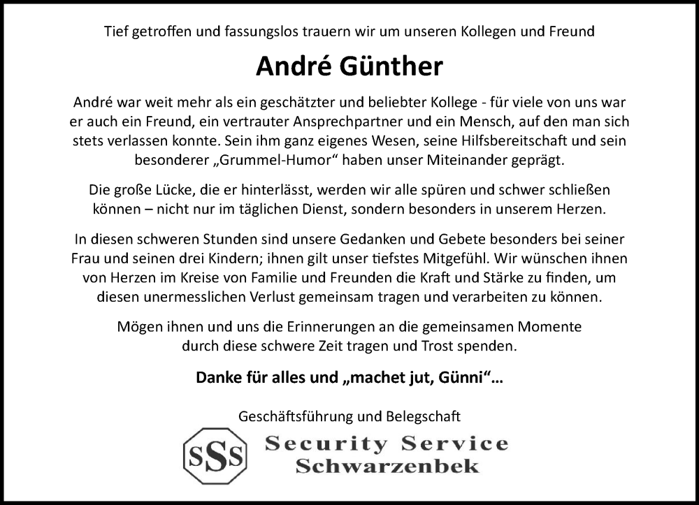  Traueranzeige für André Günther vom 29.11.2025 aus Wochenend Anzeiger