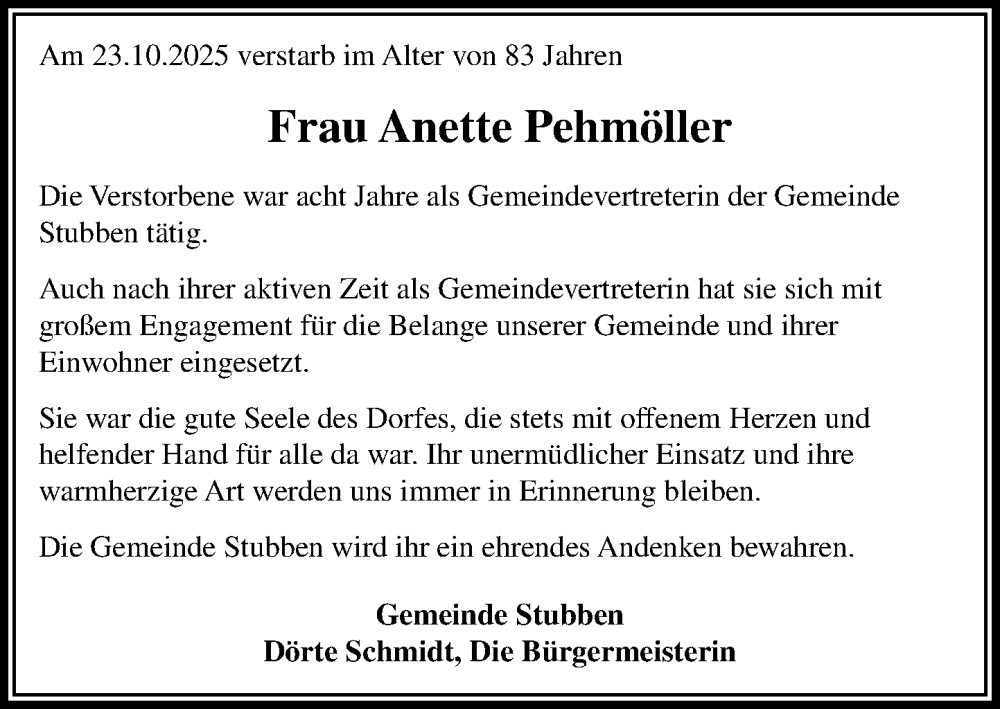  Traueranzeige für Anette Pehmöller vom 08.11.2025 aus MARKT Bad Oldesloe/Reinfeld und Stormarner Tageblatt