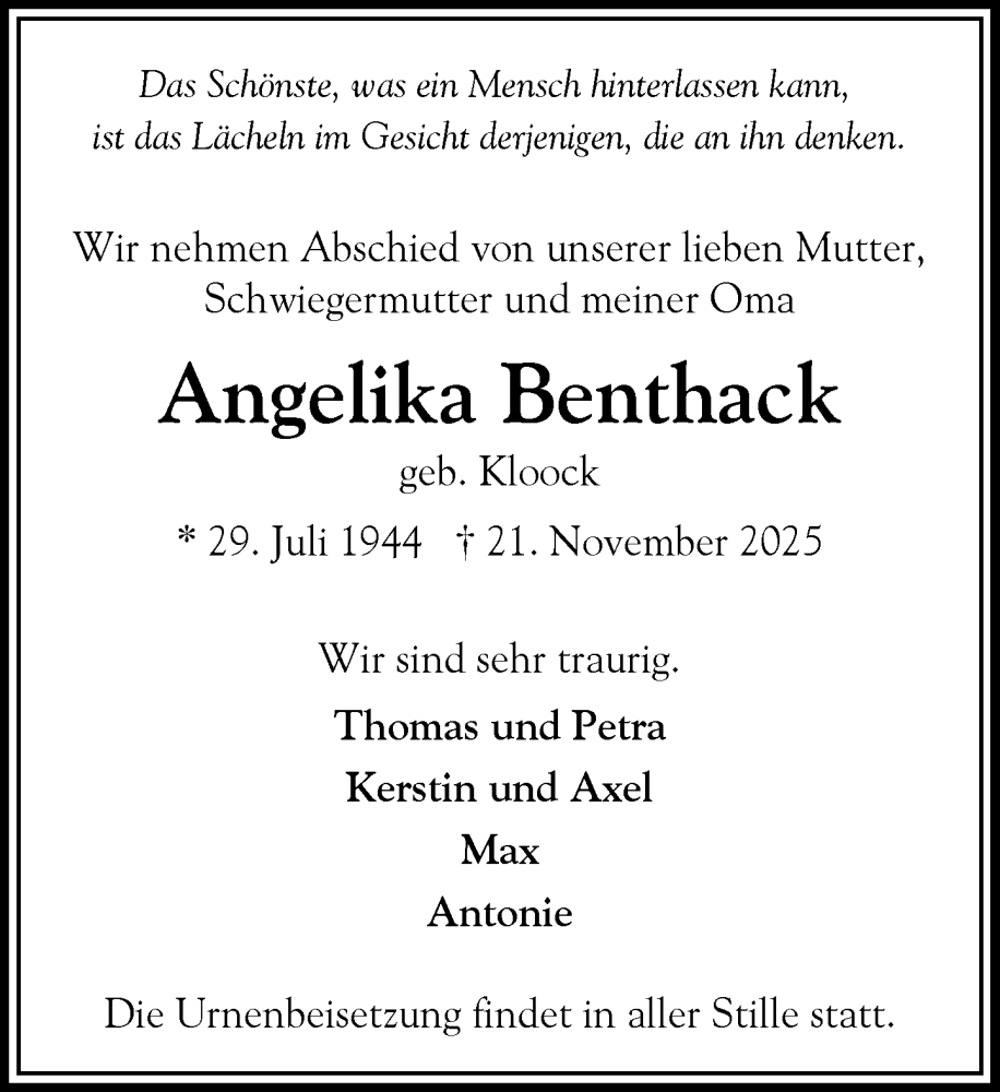  Traueranzeige für Angelika Benthack vom 29.11.2025 aus Heimatspiegel