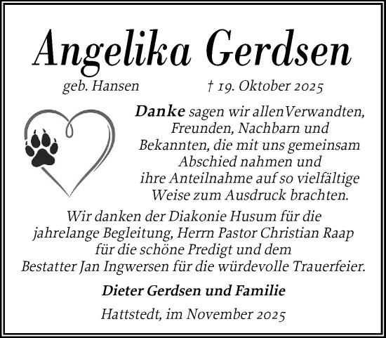 Traueranzeige von Angelika Gerdsen von Husumer Nachrichten, Nordfriesland Tageblatt