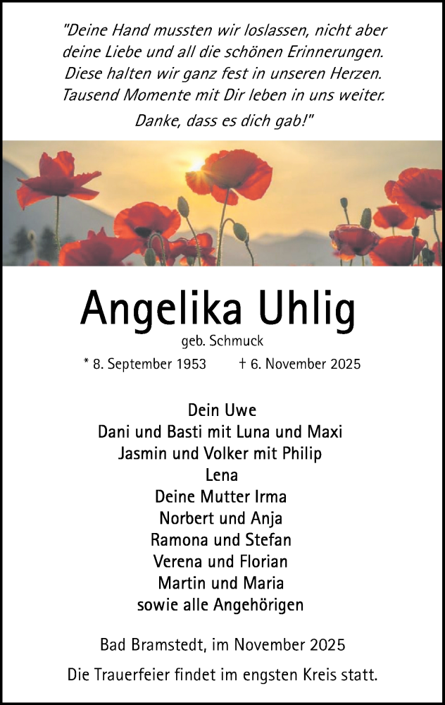  Traueranzeige für Angelika Uhlig vom 15.11.2025 aus Umschau