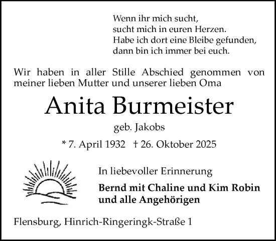 Traueranzeige von Anita Burmeister von Flensburger Tageblatt