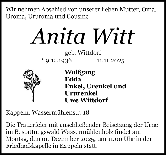 Traueranzeige von Anita Witt von Schleswiger Nachrichten, Schlei-Bote