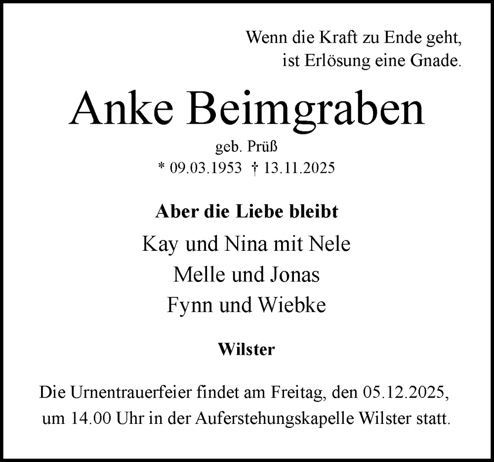  Traueranzeige für Anke Beimgraben vom 22.11.2025 aus Norddeutsche Rundschau, Wilstersche Zeitung, Glückstädter Fortuna