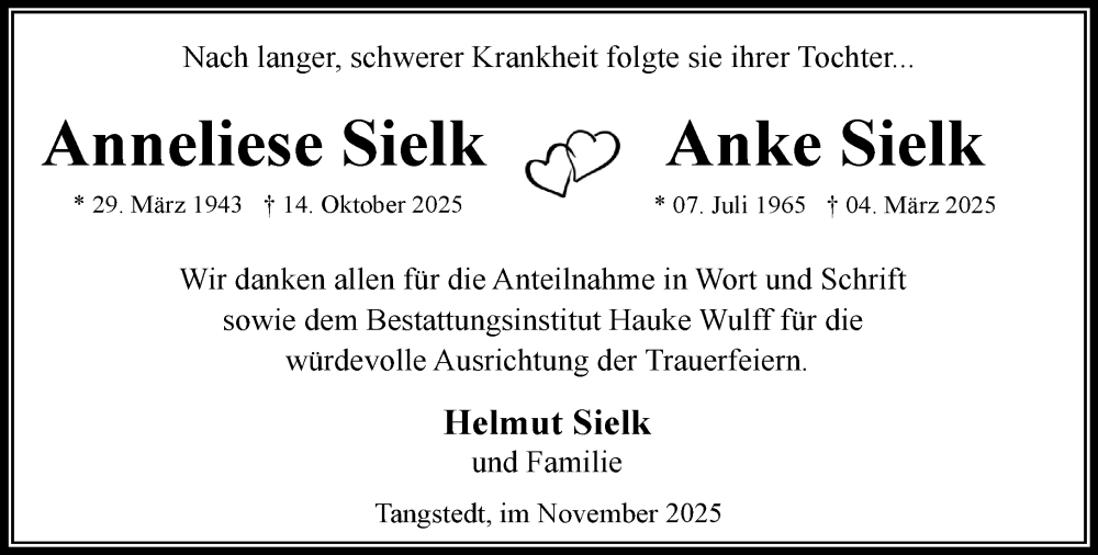  Traueranzeige für Anke Sielk vom 08.11.2025 aus Heimatspiegel