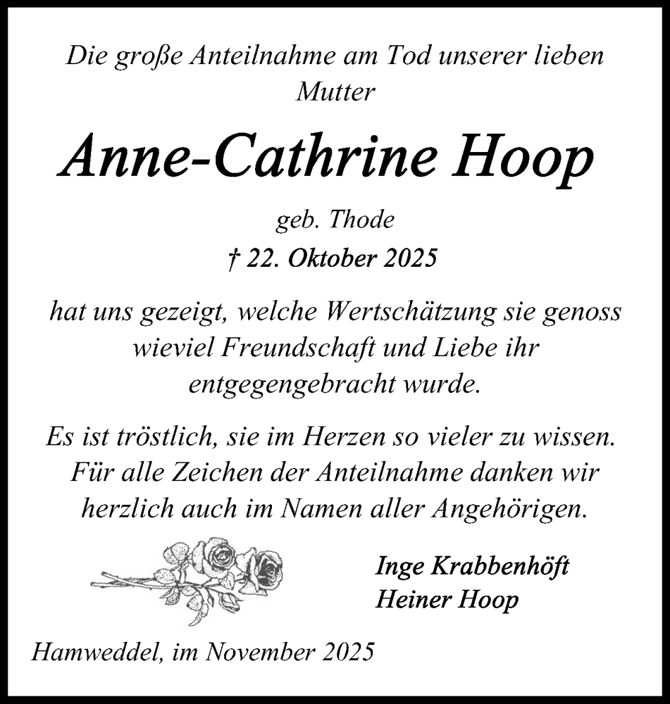  Traueranzeige für Anne-Cathrine Hoop vom 22.11.2025 aus Schleswig-Holsteinische Landeszeitung