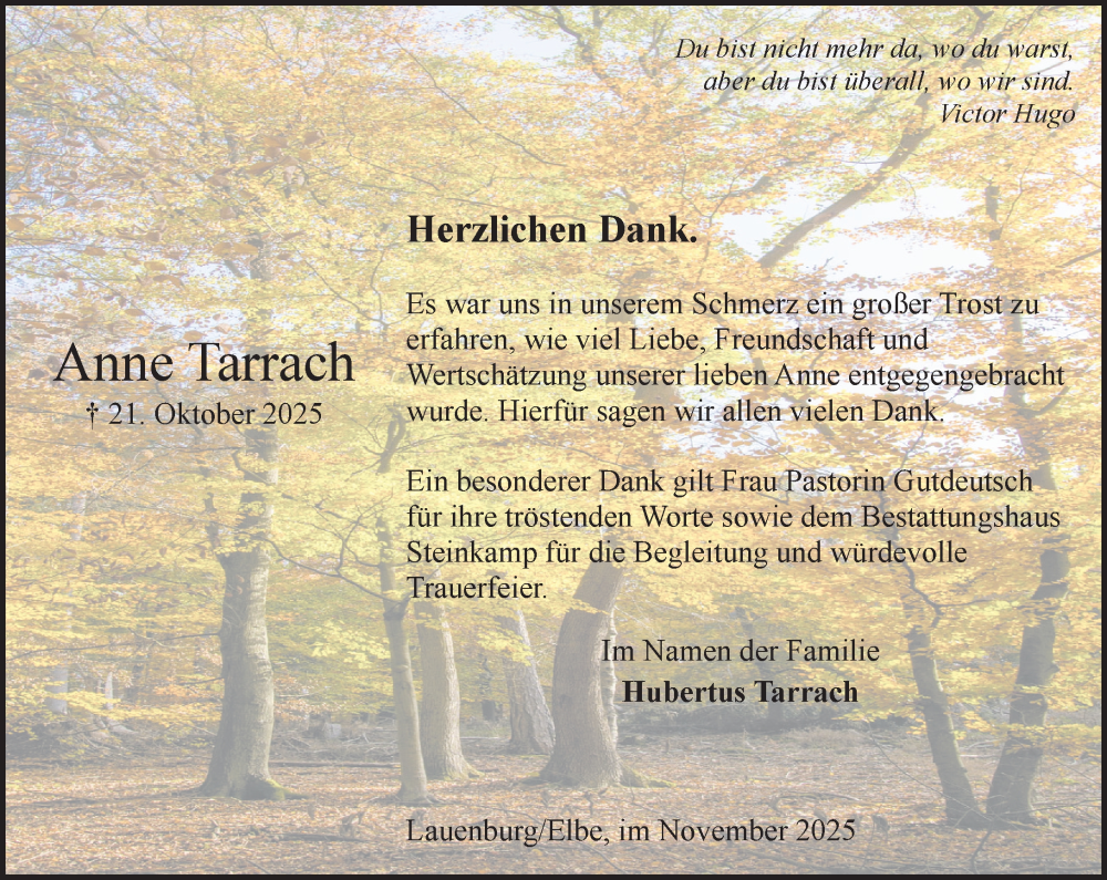  Traueranzeige für Anne Tarrach vom 22.11.2025 aus Wochenend Anzeiger