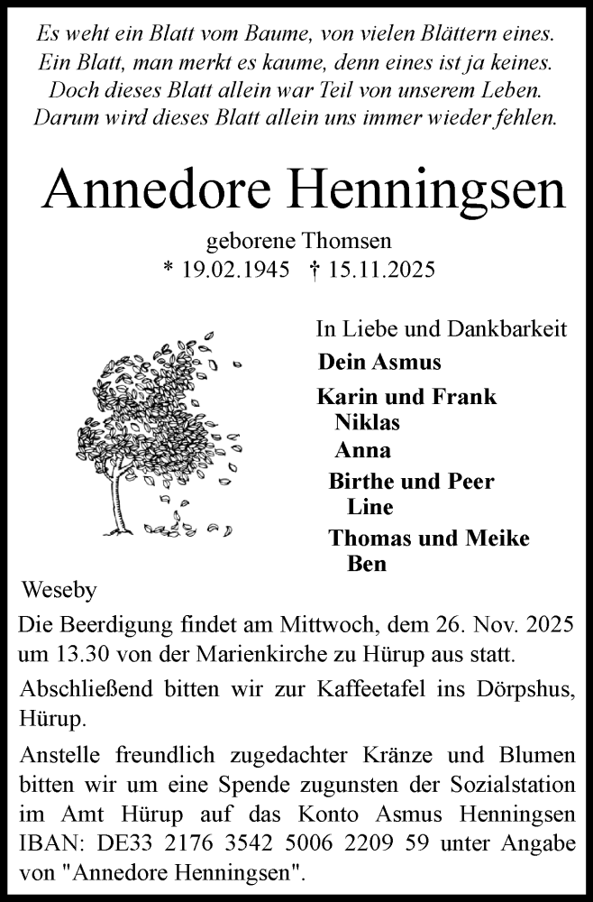  Traueranzeige für Annedore Henningsen vom 22.11.2025 aus Flensburger Tageblatt